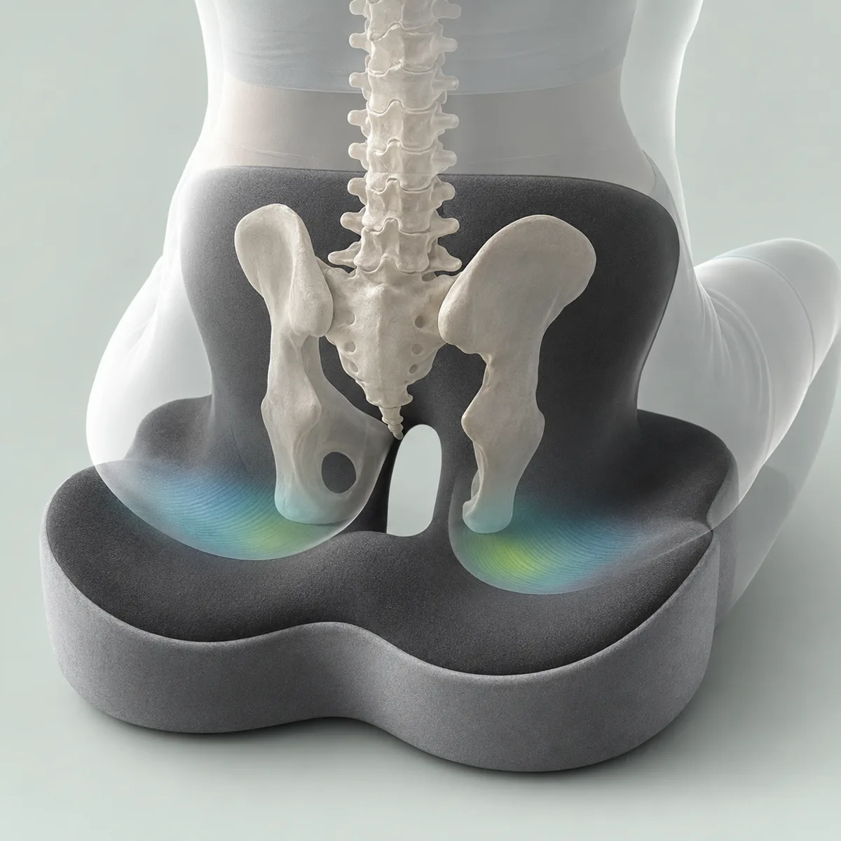 Illustration du bassin posé sur l'ErgoPad : la pression est répartie et le coccyx est libéré